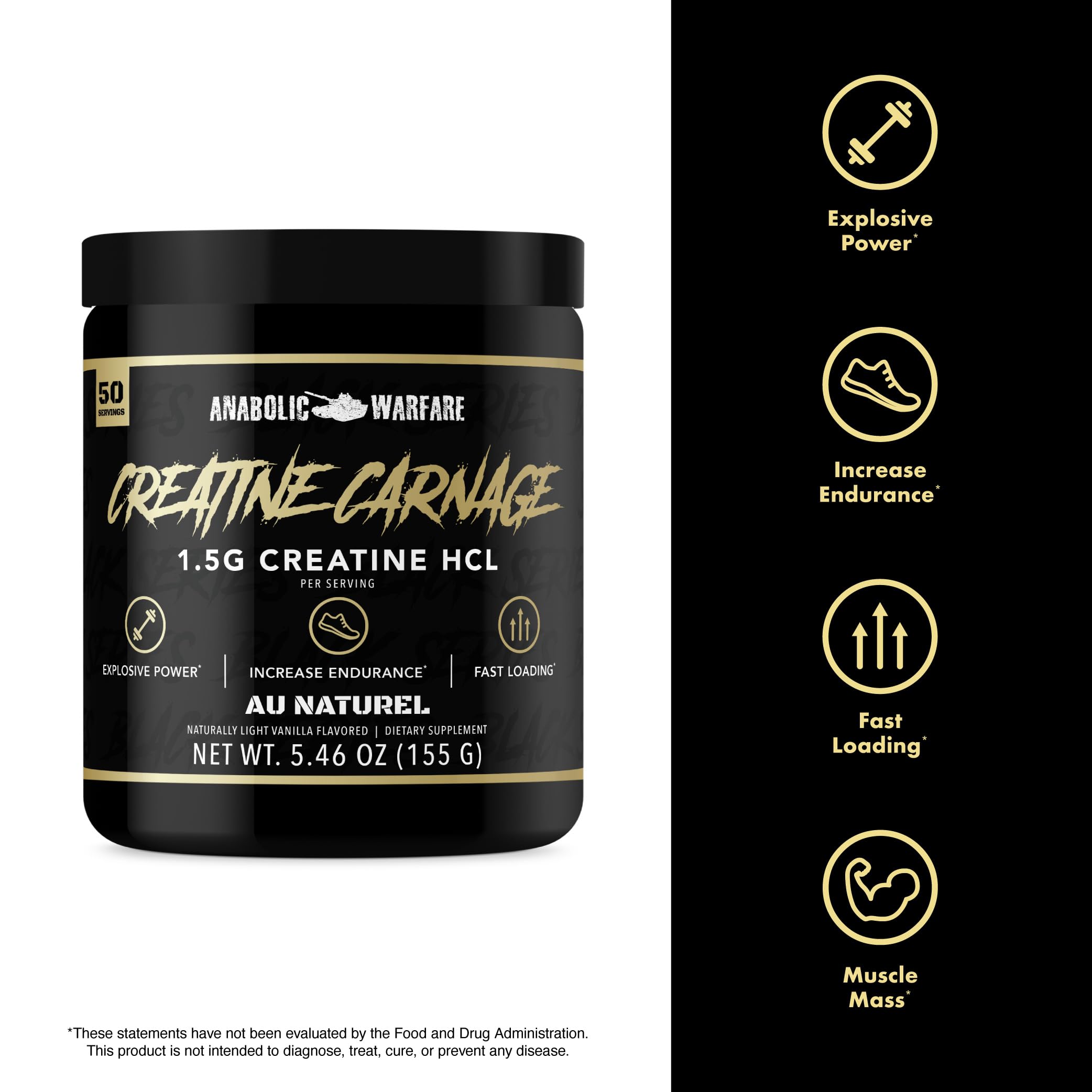 Anabolic Warfare Creatine Carnage label closeup highlights purity and ingredients.