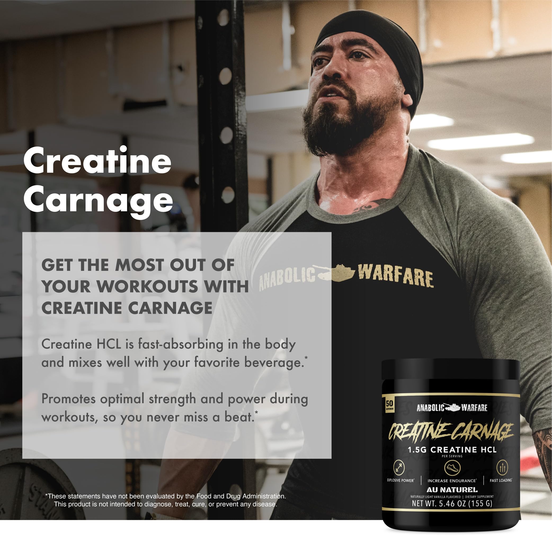 Anabolic Warfare Creatine Carnage stack-ready setup for routine integration.