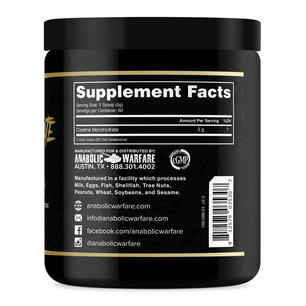 Anabolic Warfare Creatine Monohydrate label highlights pure monohydrate formula for simple use.