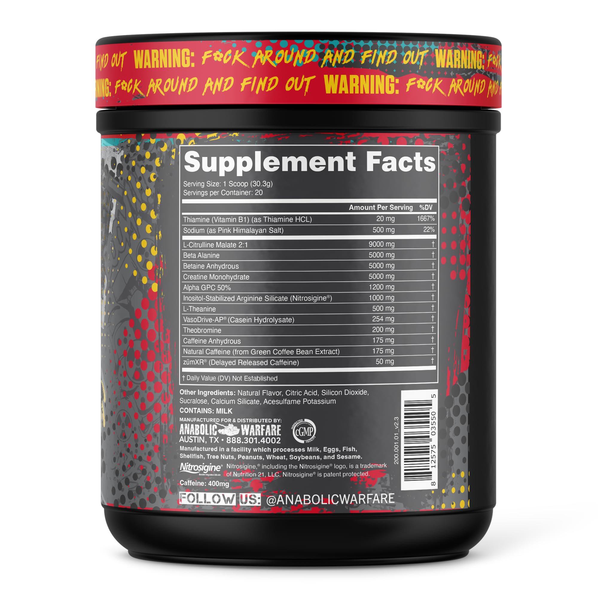 Close-up of Anabolic Warfare Defcon1 caffeine powder emphasizes potent energy kick for tough workouts.