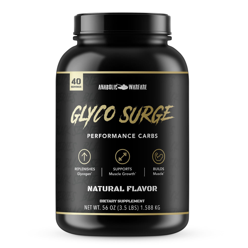 Anabolic Warfare Glyco Surge bottle with fast-digesting carbs for post-workout fueling.