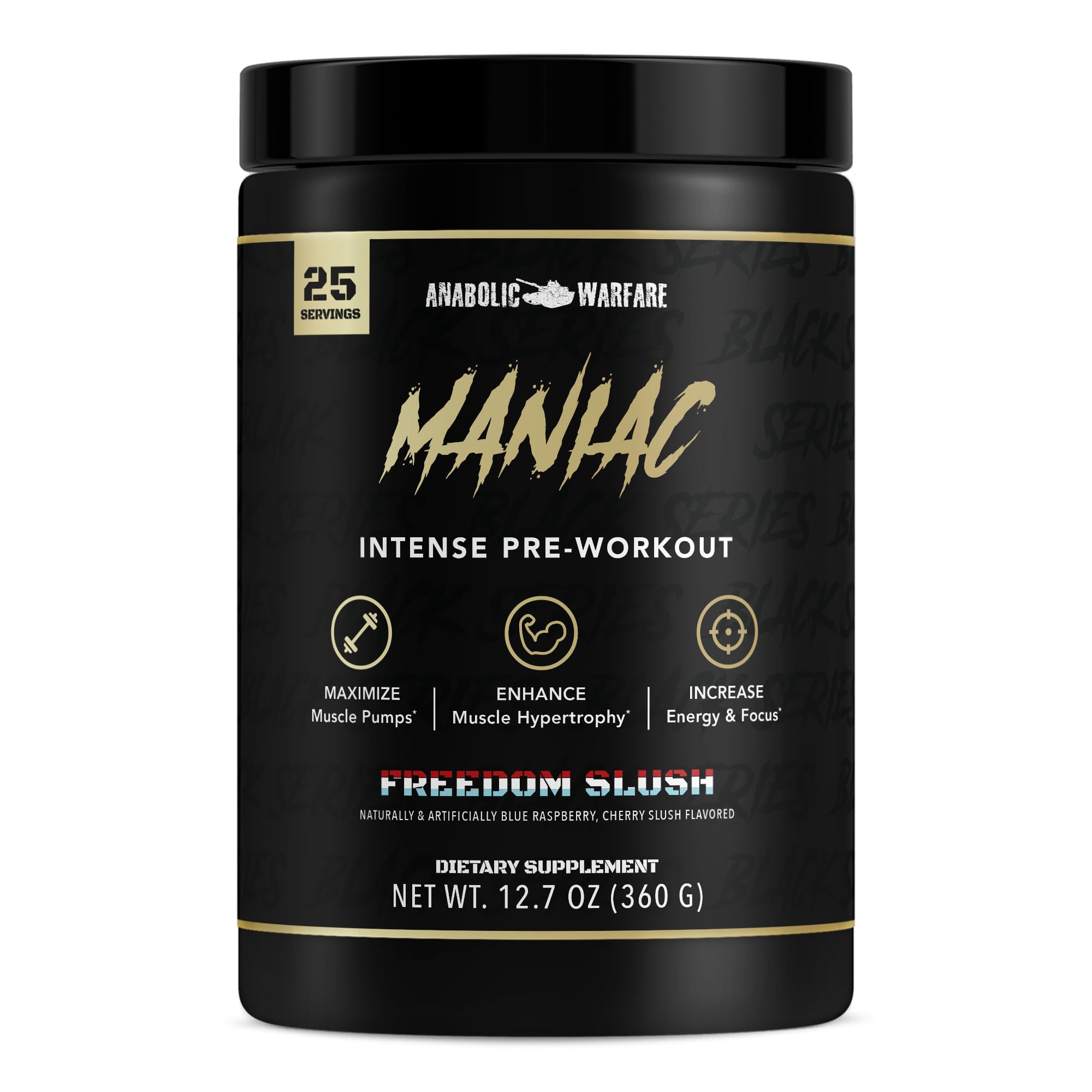 Anabolic Warfare Maniac Freedom Slush packaging front showing ready-to-scoop energy