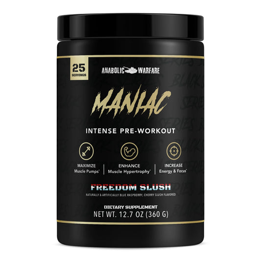 Anabolic Warfare Maniac Freedom Slush packaging front showing ready-to-scoop energy