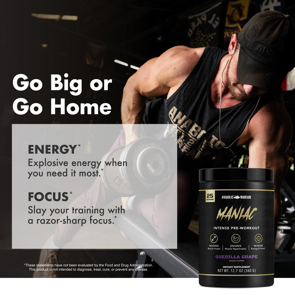 Anabolic Warfare Maniac workout companion on gym floor highlighting hydration during sessions