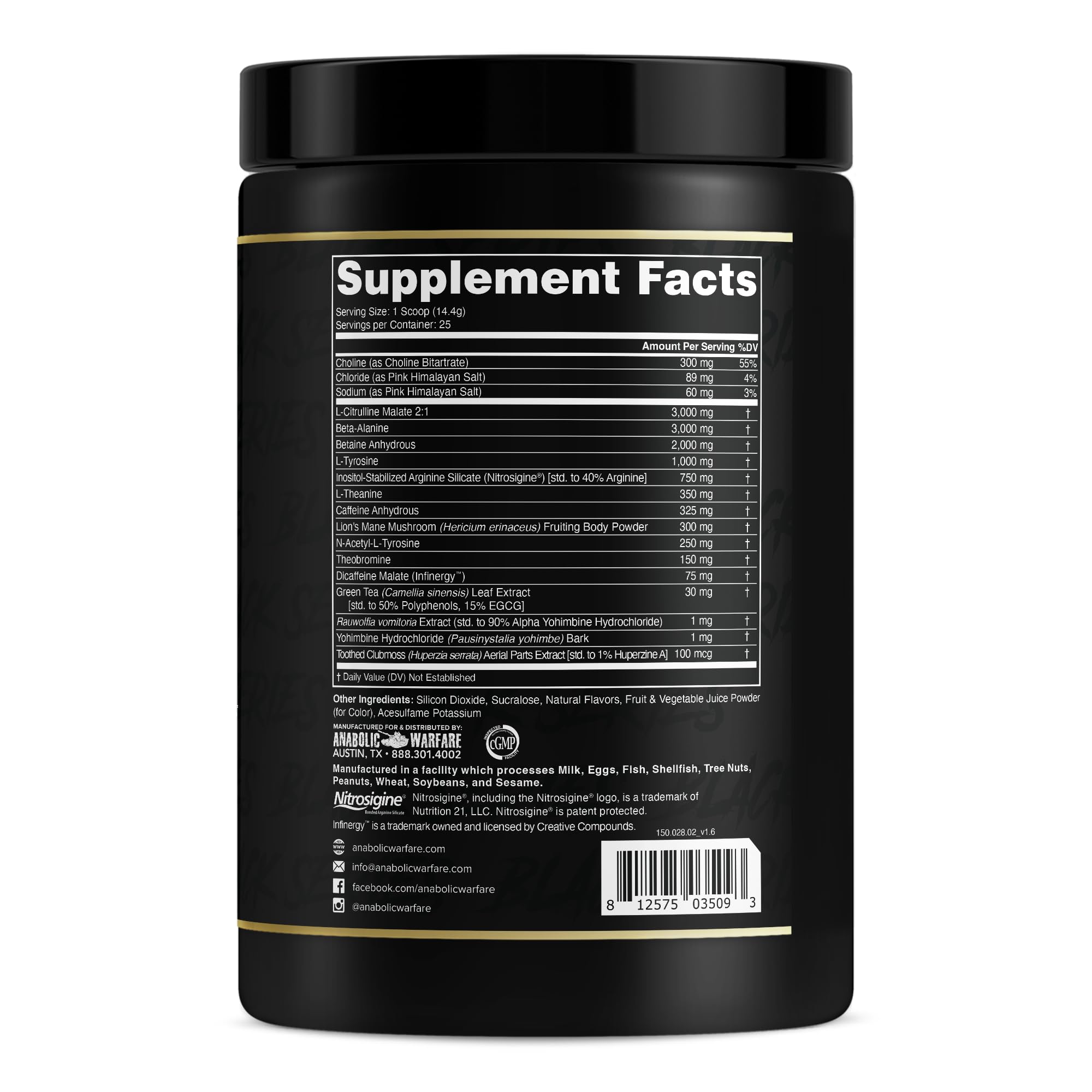 Anabolic Warfare Maniac label-detail communicates ingredient transparency and caffeine content