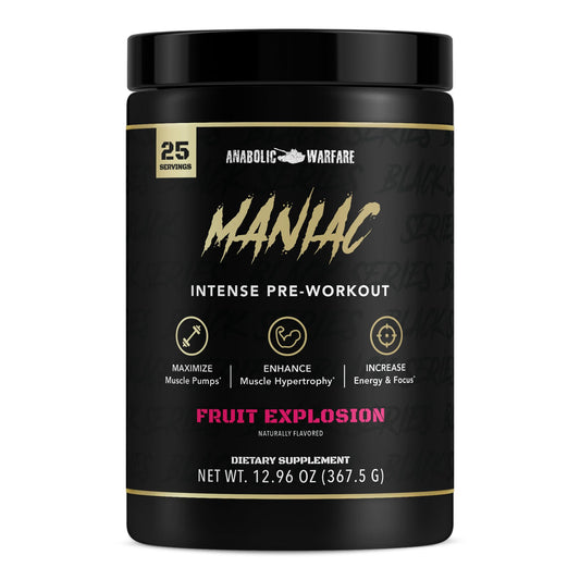 Anabolic Warfare Maniac pre-workout scoop boosts energy and focus for tough sessions.