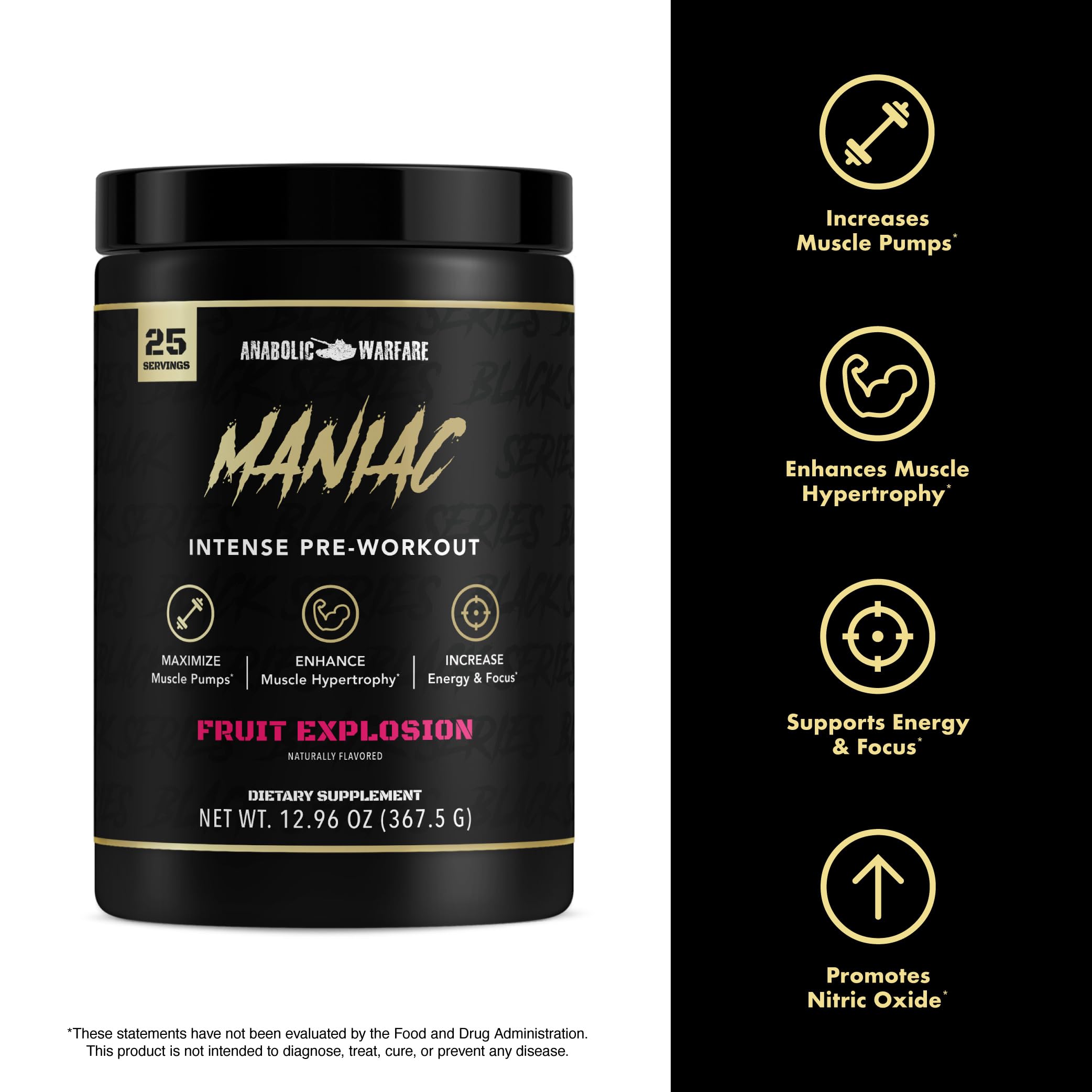 Anabolic Warfare Maniac L-Citrulline Malate promotes muscle pumps and NO production.