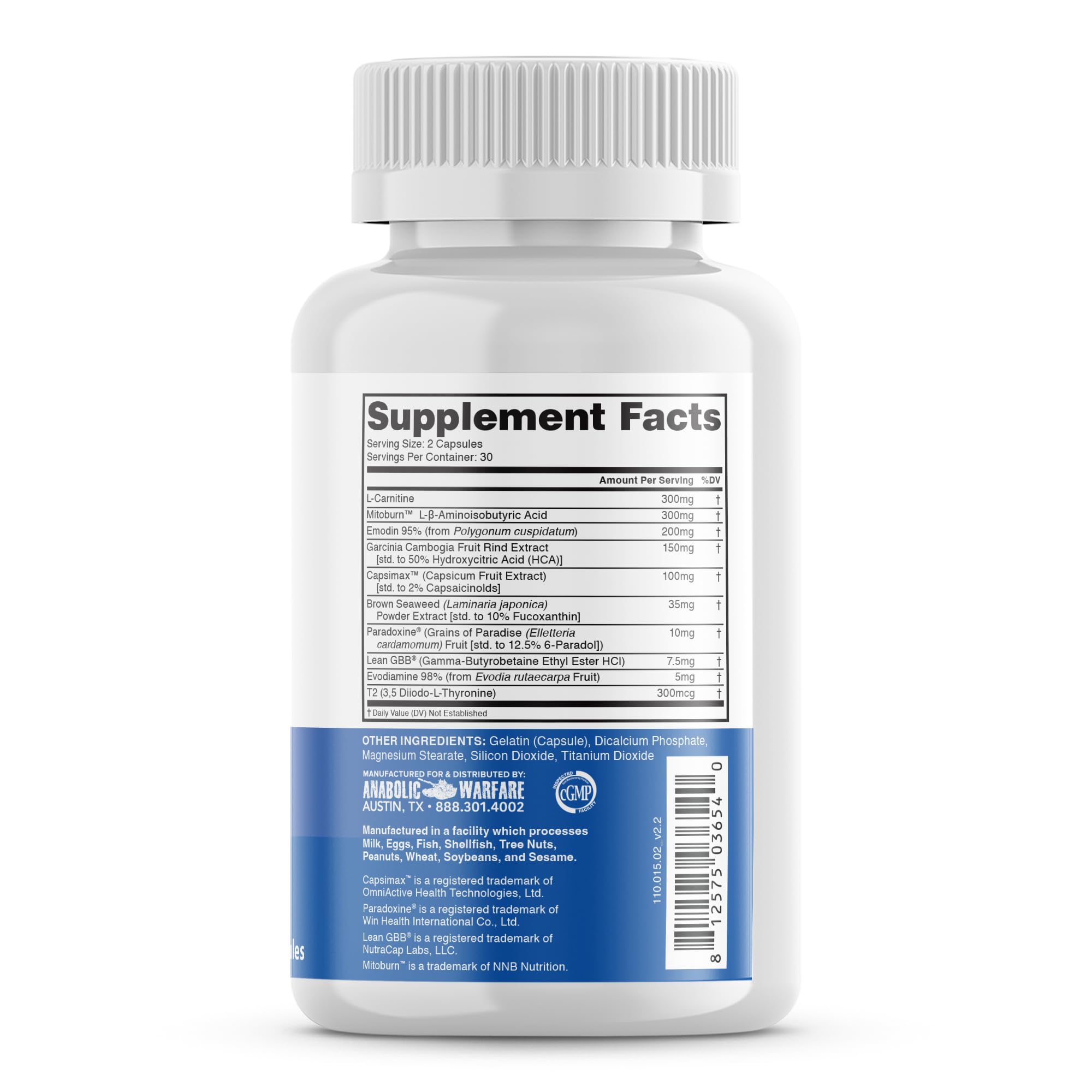 Anabolic Warfare Phena-Lean T2 ingredients blend with CapsiMax Paradoxine and MitoBurn to boost energy expenditure.