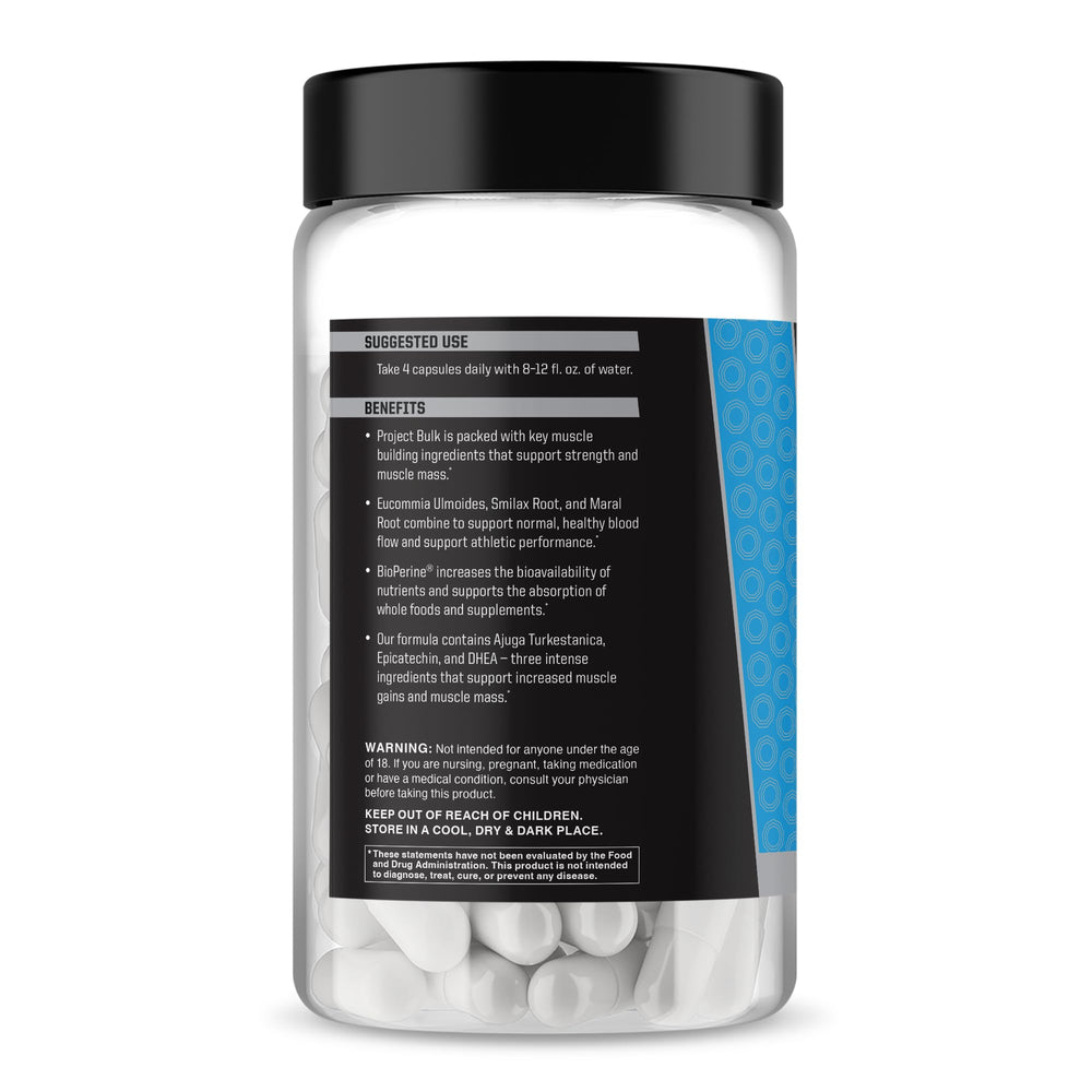 Anabolic Warfare Project Bulk bottle nutrition facts highlighting ingredients for performance support.