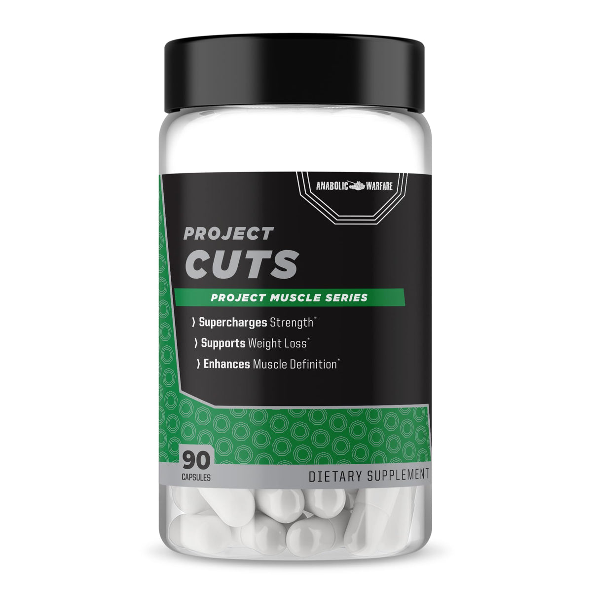 Anabolic Warfare Project Cuts bottle front with stimulant-free labeling for clean gains