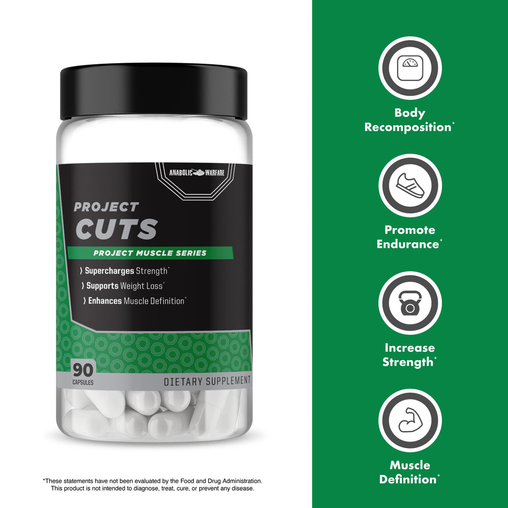 Anabolic Warfare Project Cuts pills closeup showing compact capsules for convenient dosing