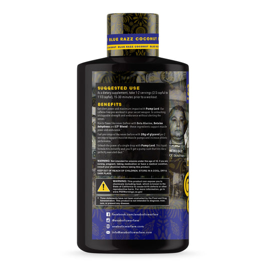 Anabolic Warfare Pump Lord label closeup showing caffeine-free formula and glycerol power.