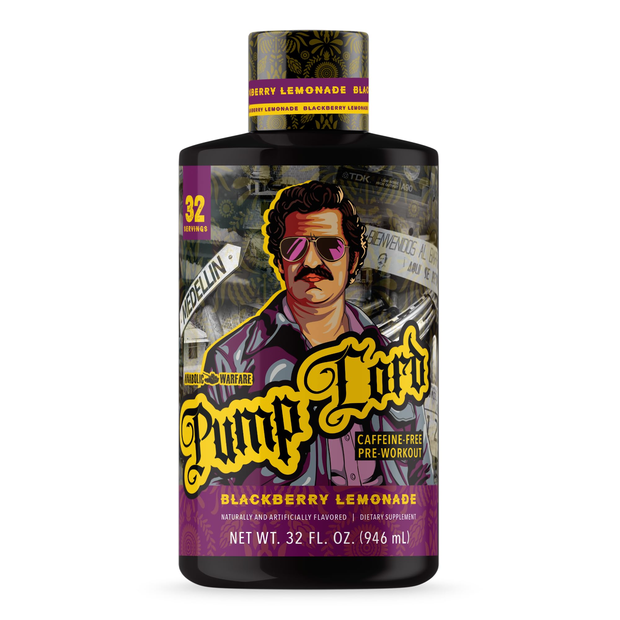 Anabolic Warfare Pump Lord bottle close-up of caffeine-free pre-workout formula.