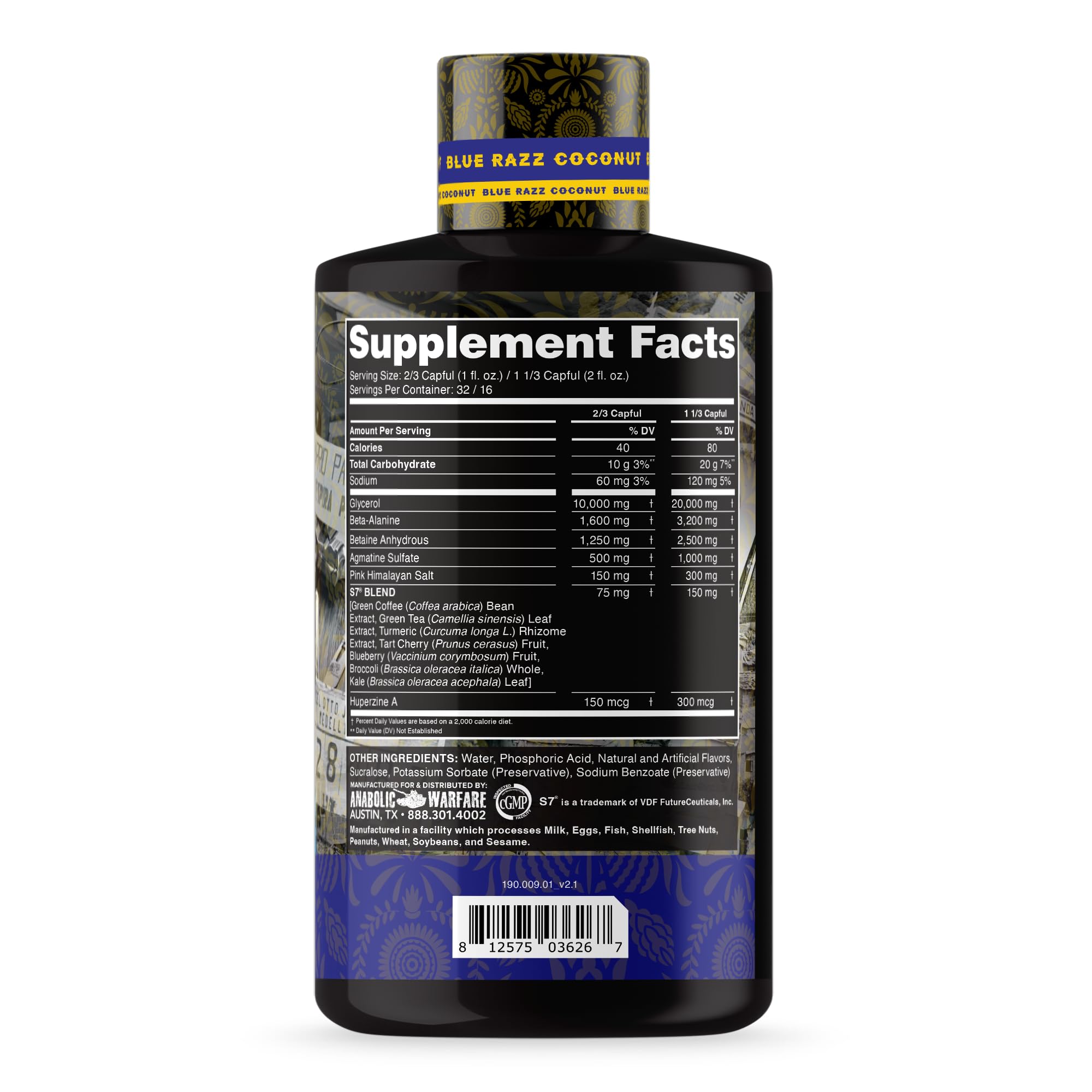 Anabolic Warfare Pump Lord label details featuring glycerol, beta-alanine, and betaine ingredients.