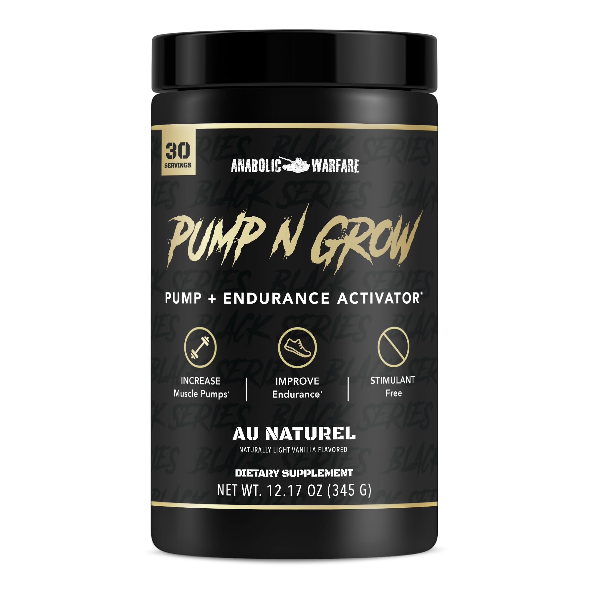 Anabolic Warfare Pump-N-Grow bottle front highlights stimulant-free pre-workout benefits.