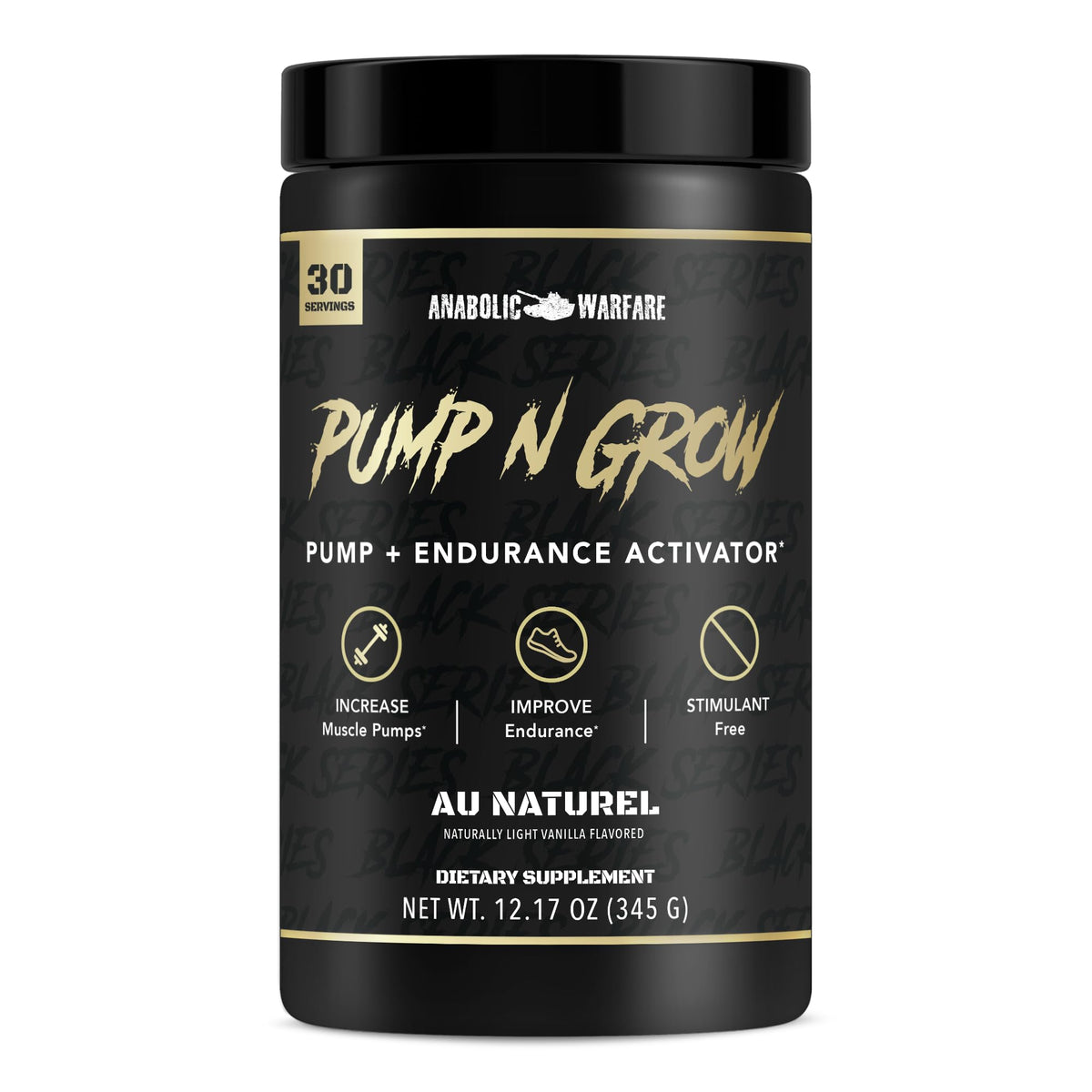 Anabolic Warfare Pump-N-Grow bottle front highlights stimulant-free pre-workout benefits.