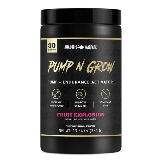 Anabolic Warfare Pump-N-Grow Fruit Explosion label highlighting caffeine-free pump support.