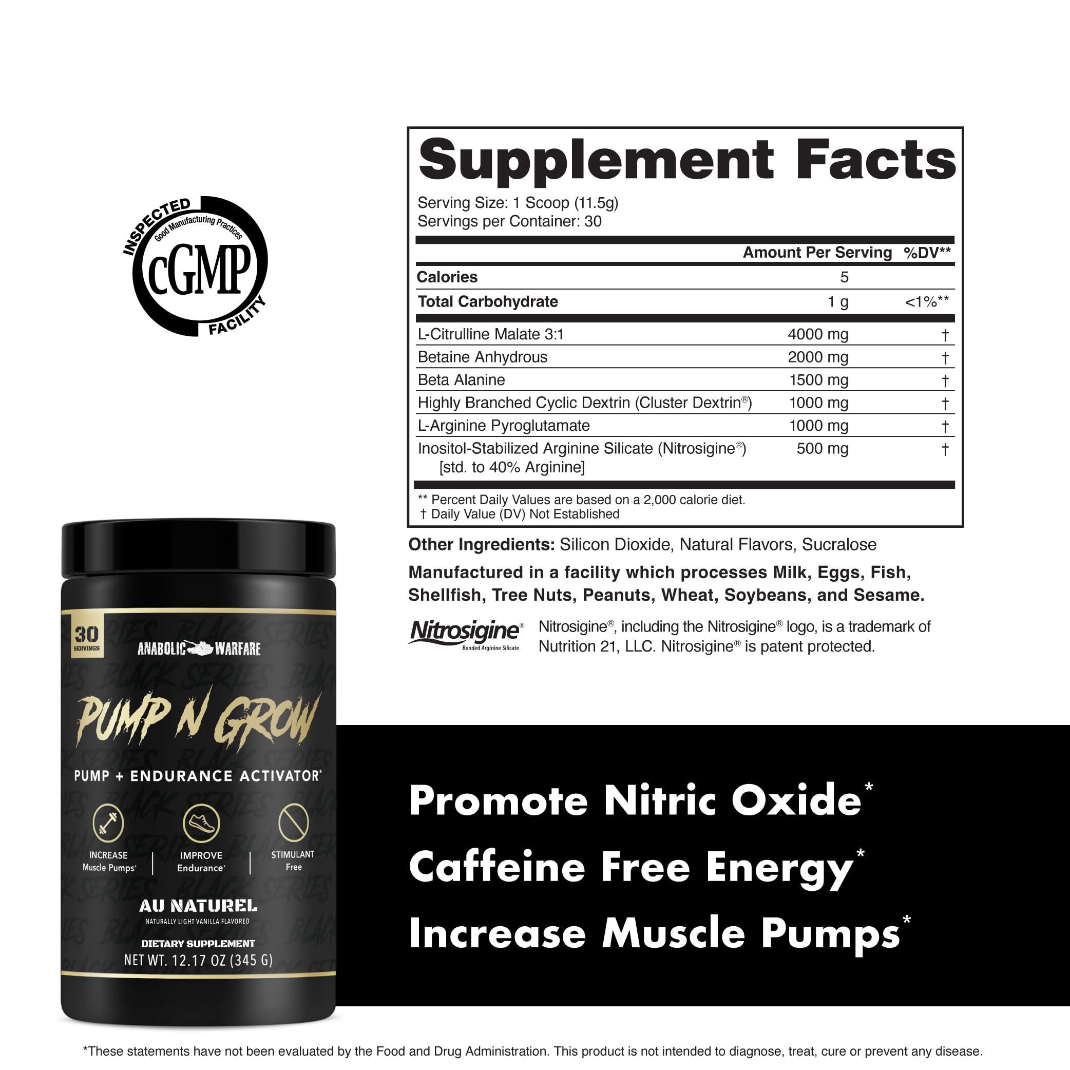 Anabolic Warfare Pump-N-Grow packaging emphasizes L-Arginine and Beta-Alanine.