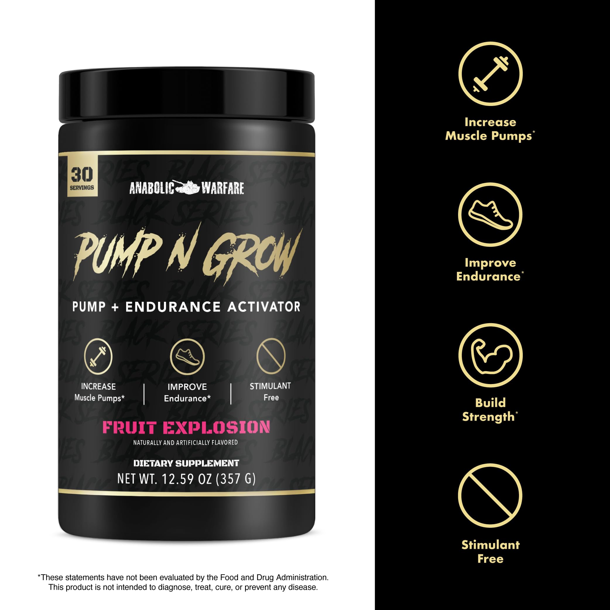 Anabolic Warfare Pump-N-Grow bottle label highlights L-Citrulline for blood flow support.
