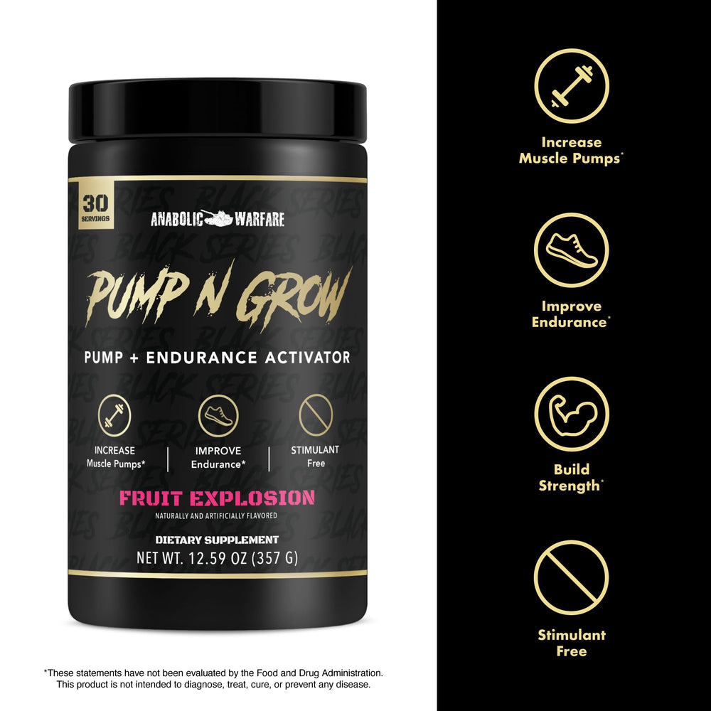 Anabolic Warfare Pump-N-Grow bottle label highlights L-Citrulline for blood flow support.