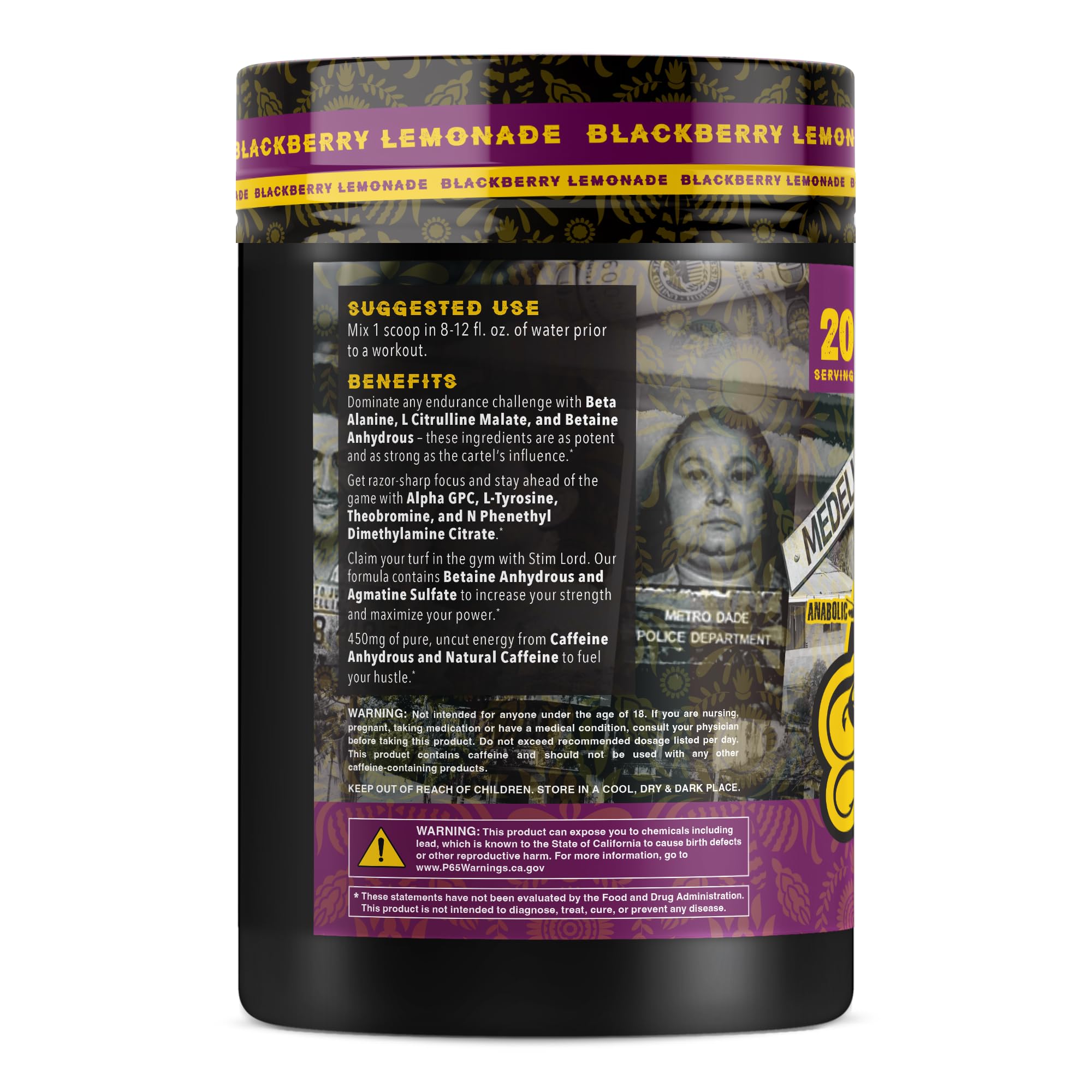 Stim Lord label close-up showing caffeine and endurance ingredients