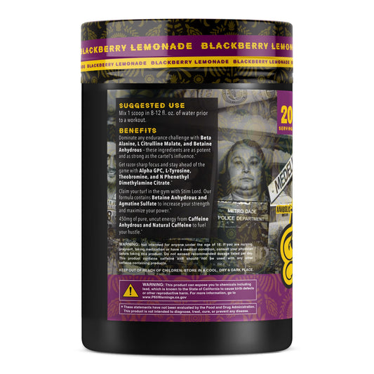 Stim Lord label close-up showing caffeine and endurance ingredients