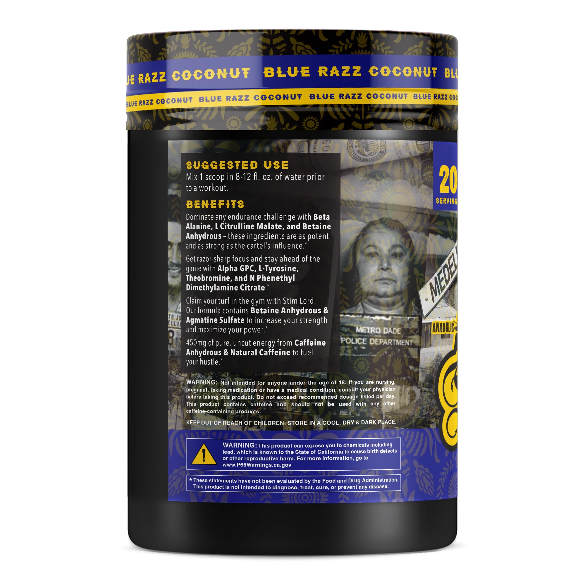 Stim Lord ingredients panel showing caffeine and beta-alanine for focus and endurance