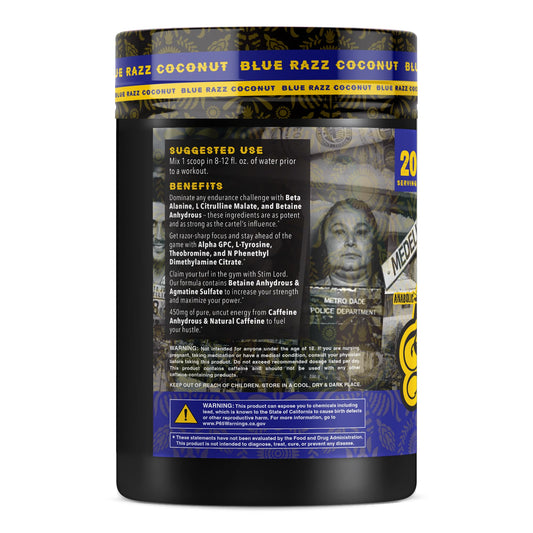 Stim Lord ingredients panel showing caffeine and beta-alanine for focus and endurance