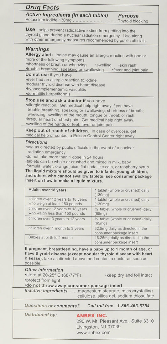 ANBEX iOSAT 130 mg tablets close-up for emergency readiness.