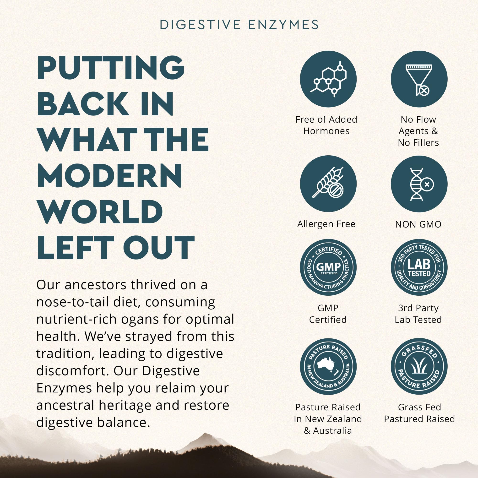 Ancestral Supplements Allergen-free label emphasizes clean, GMO-free ingredients.
