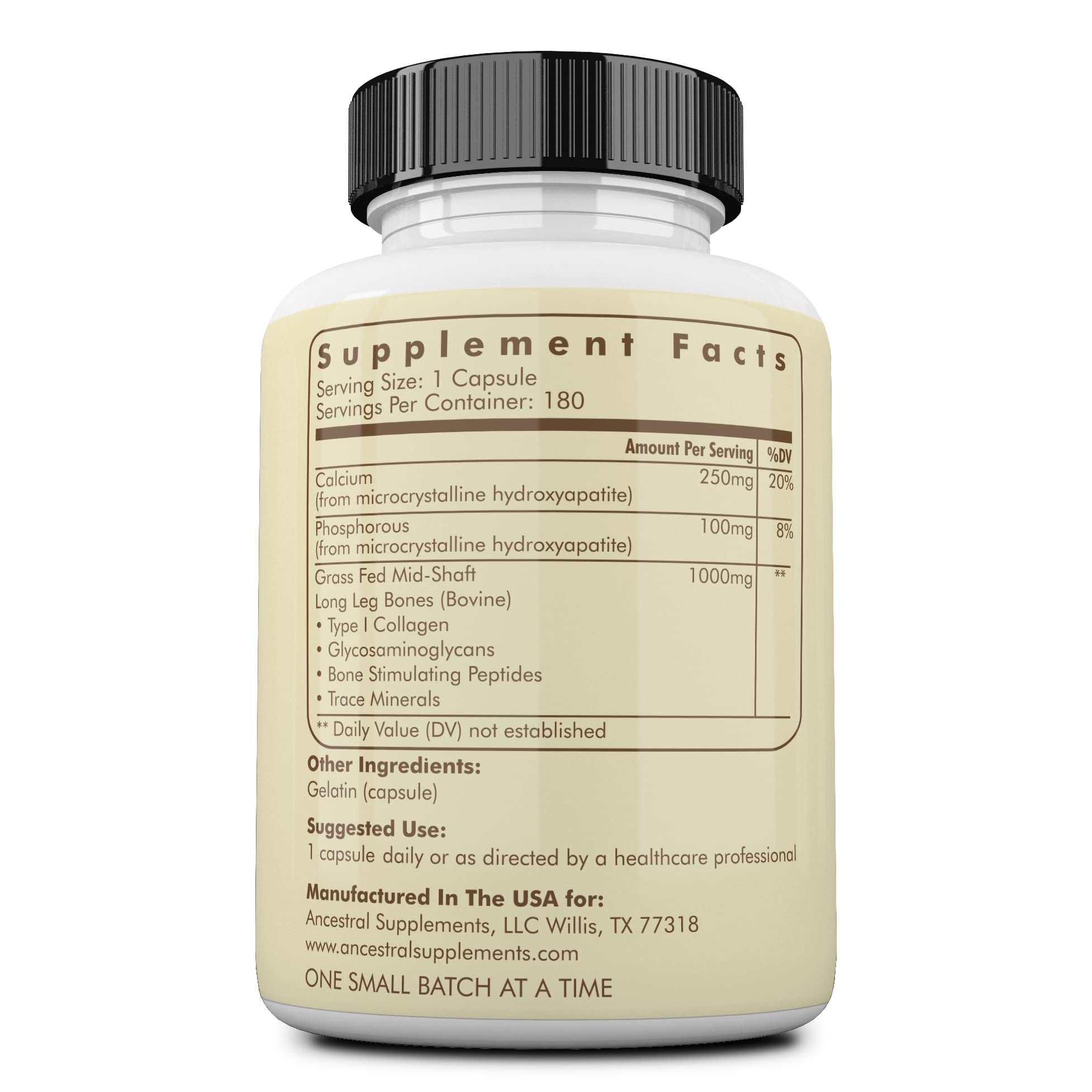 Ancestral Supplements Beef Living Bone capsules label shows joint flexibility support
