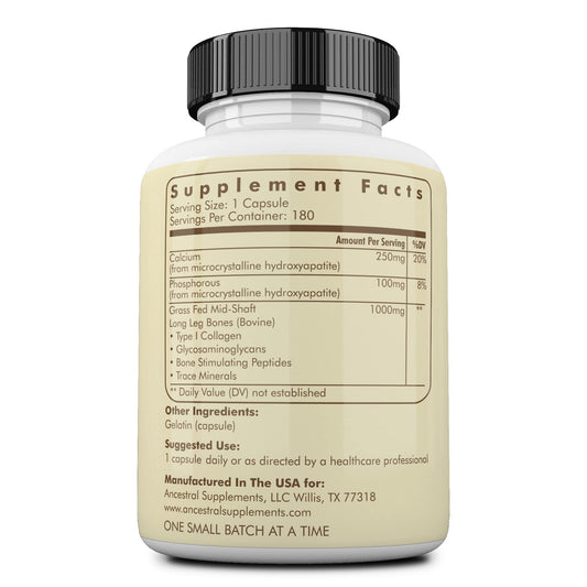 Ancestral Supplements Beef Living Bone capsules label shows joint flexibility support