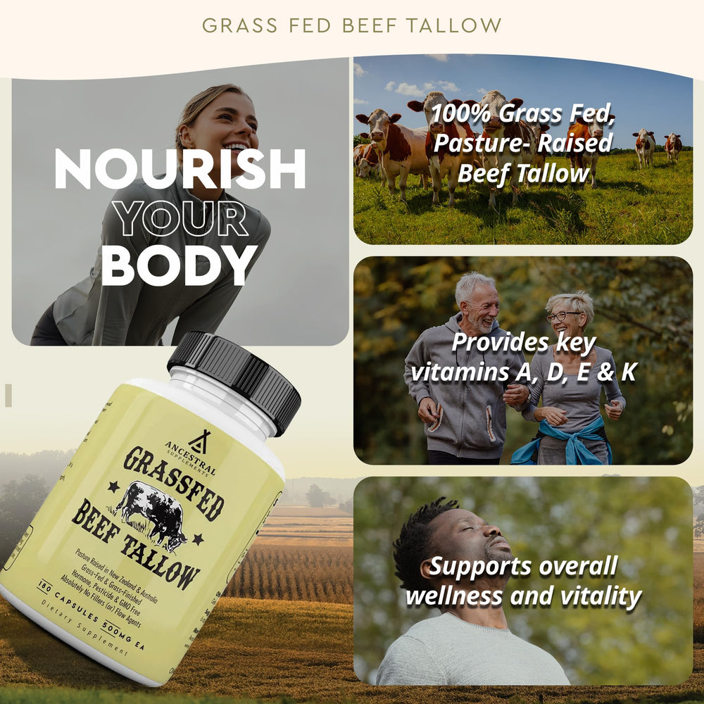 Ancestral Supplements beef tallow capsules label showing ingredients and purity