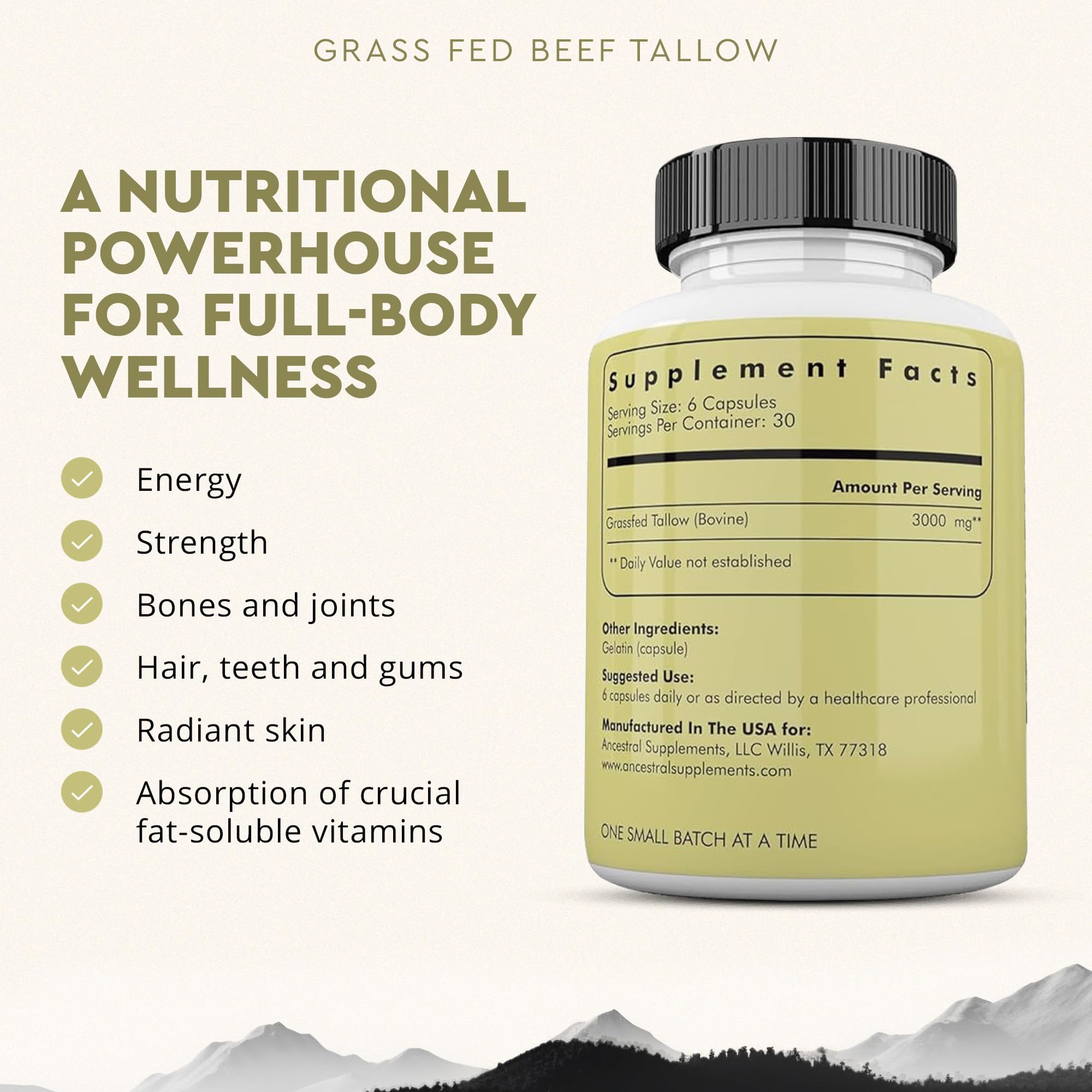Ancestral Supplements beef tallow capsules being poured for fat-soluble nutrient support