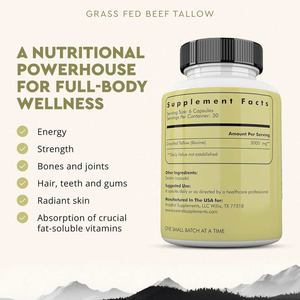 Ancestral Supplements beef tallow capsules being poured for fat-soluble nutrient support