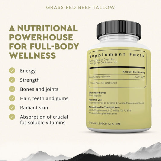 Ancestral Supplements beef tallow capsules being poured for fat-soluble nutrient support