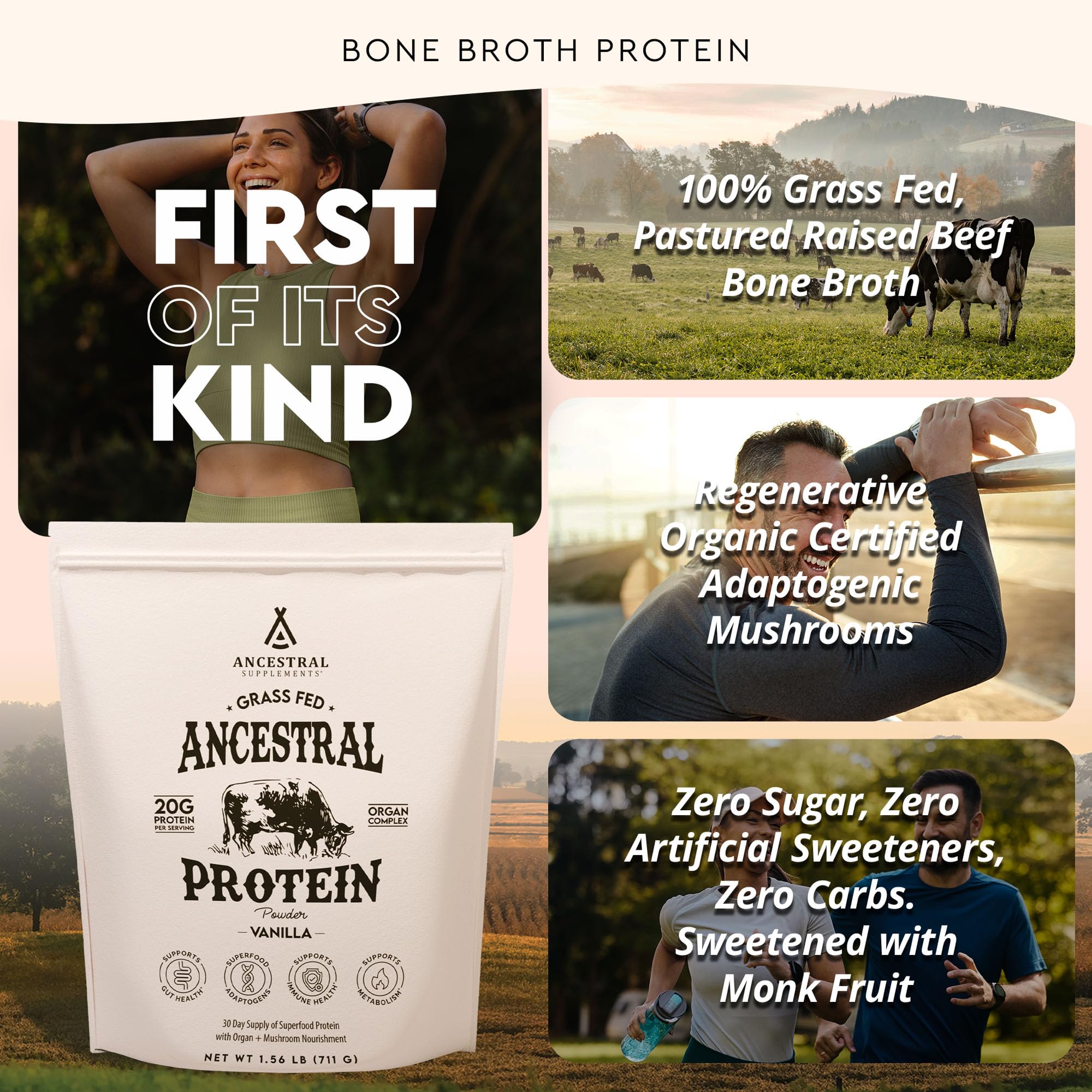 Beef bone broth protein powder package from Ancestral Supplements.