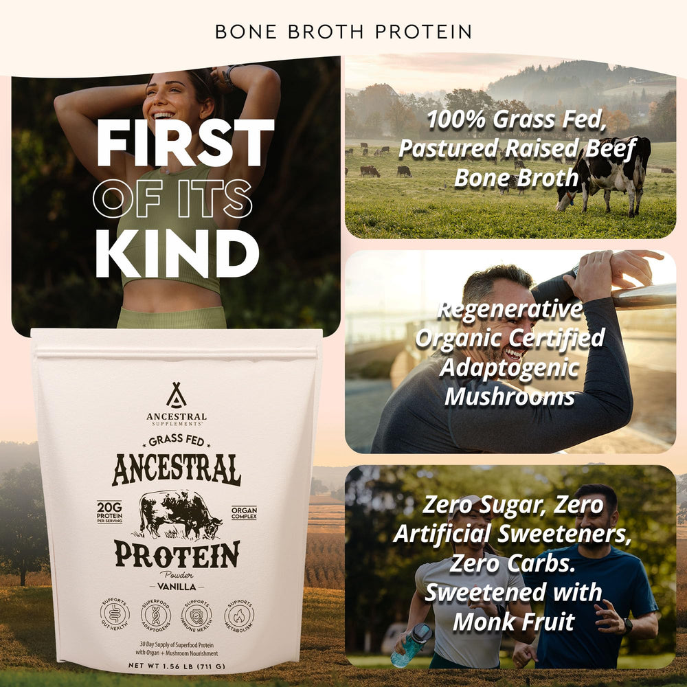 Beef bone broth protein powder package from Ancestral Supplements.