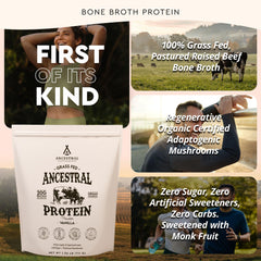 Beef bone broth protein powder package from Ancestral Supplements.
