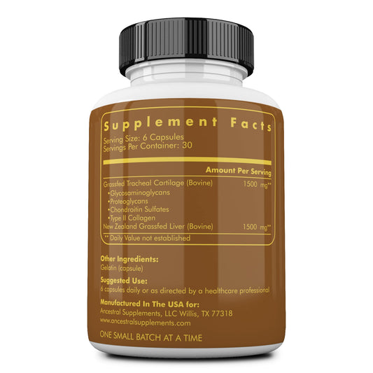 Ancestral Supplements bottle side view highlighting grass-fed sourcing and natural nutrition
