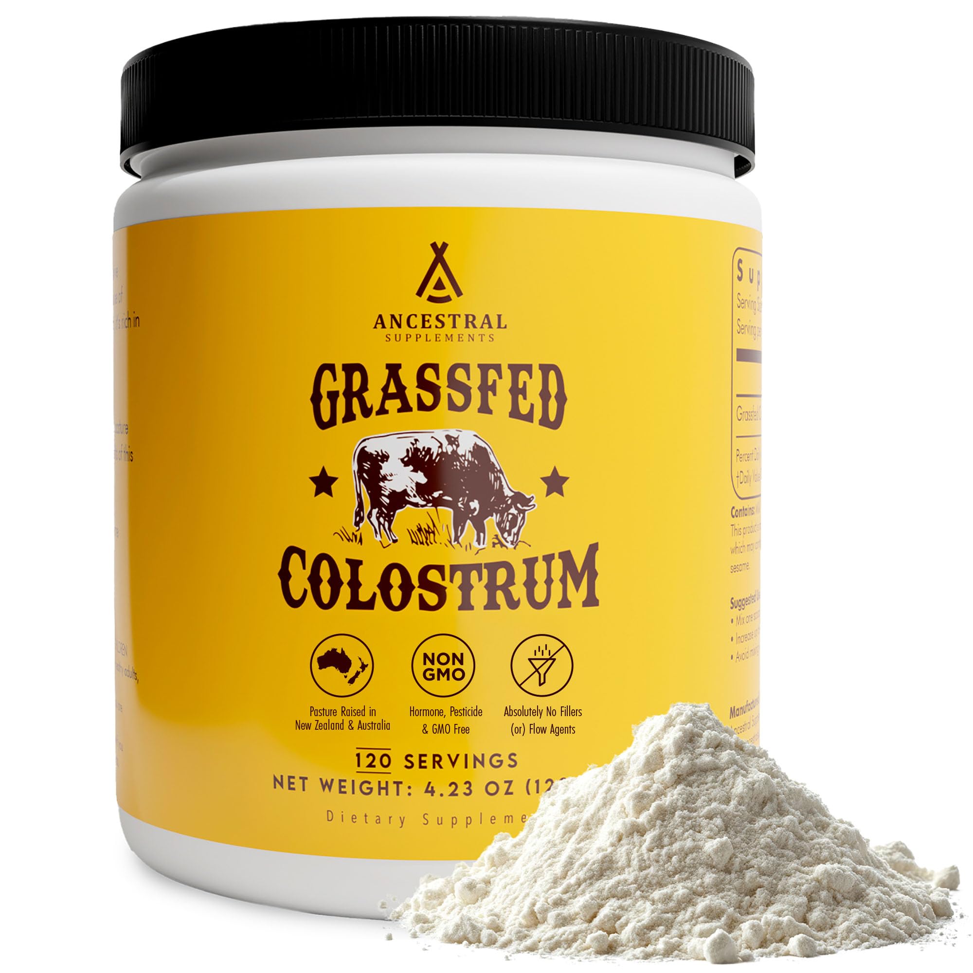 Ancestral Supplements Bovine Colostrum Powder bottle and scoop—supports daily immune and gut health.