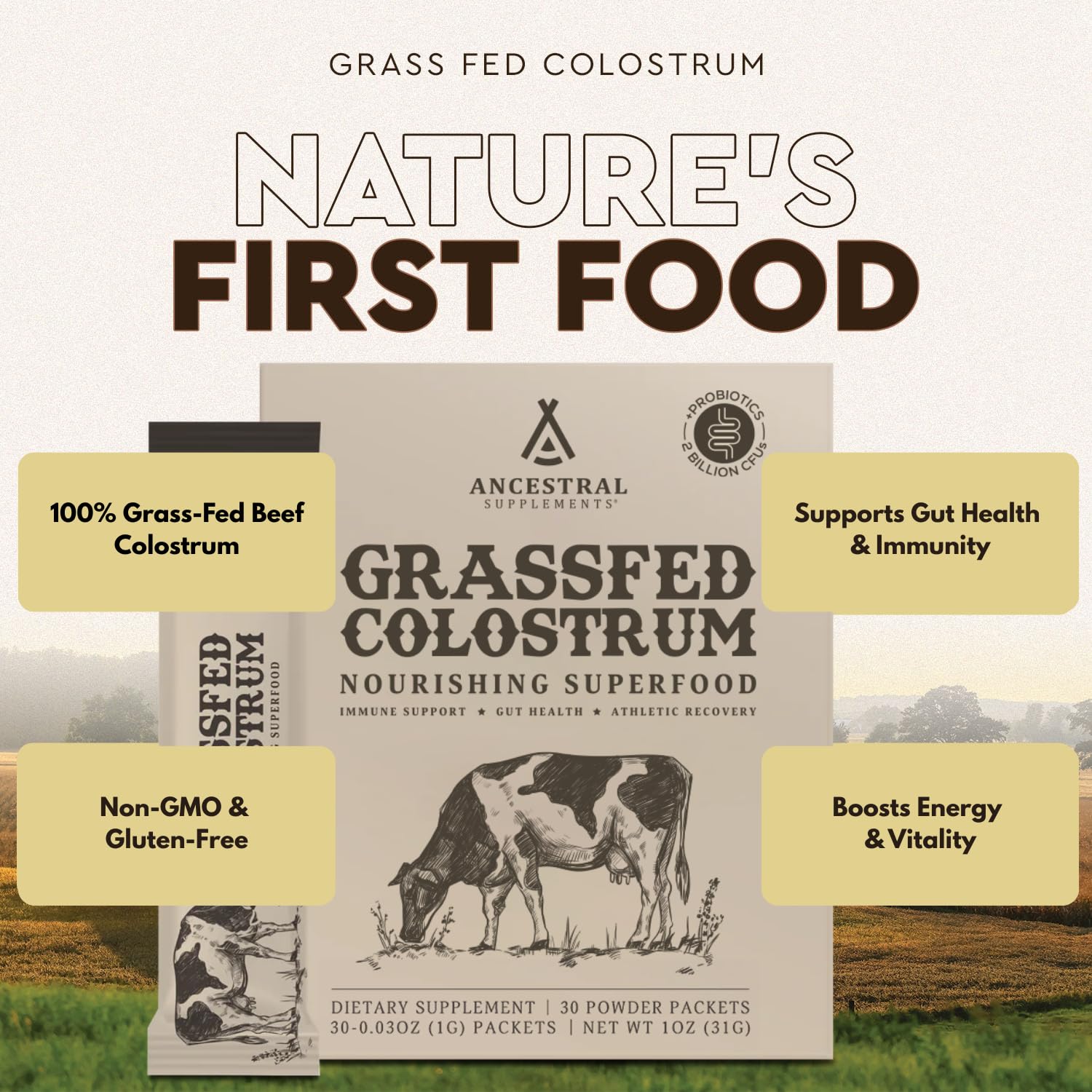 Ancestral Supplements colostrum pack stick for digestive wellness.