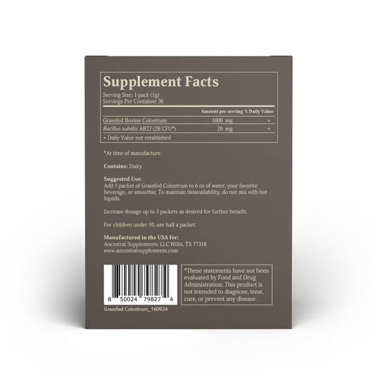 Ancestral Supplements colostrum packet aids immune and digestive balance.