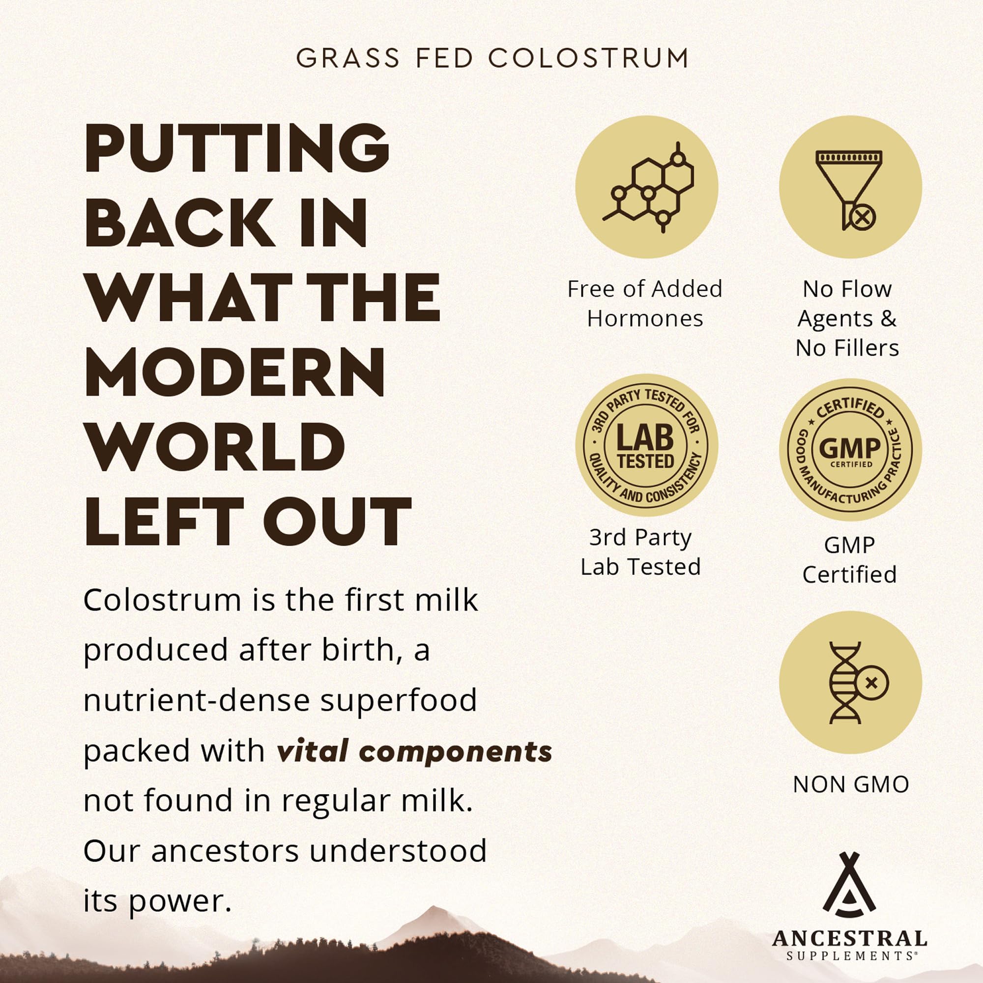 Ancestral Supplements colostrum packet supporting skin and hair health.