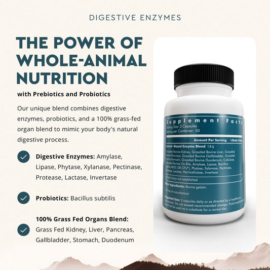 Ancestral Supplements Digestive Enzymes bottle side view shows allergen-free formula for sensitive users.