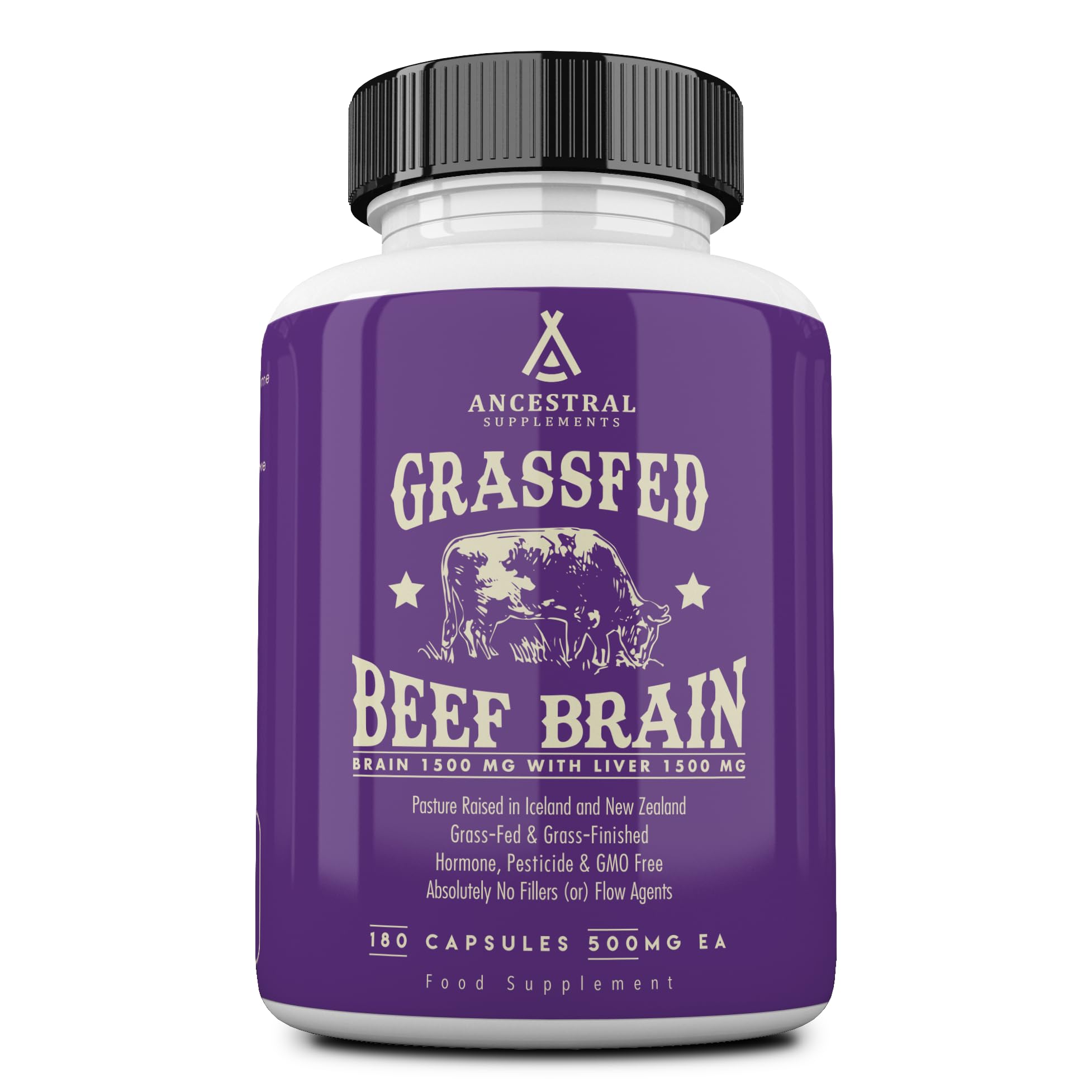 Ancestral Supplements grass-fed beef brain liver capsules bottle on shelf for daily brain support.