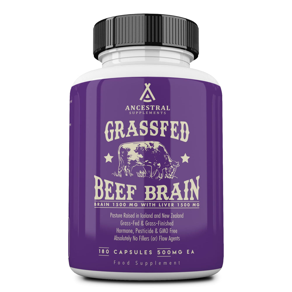 Ancestral Supplements grass-fed beef brain liver capsules bottle on shelf for daily brain support.