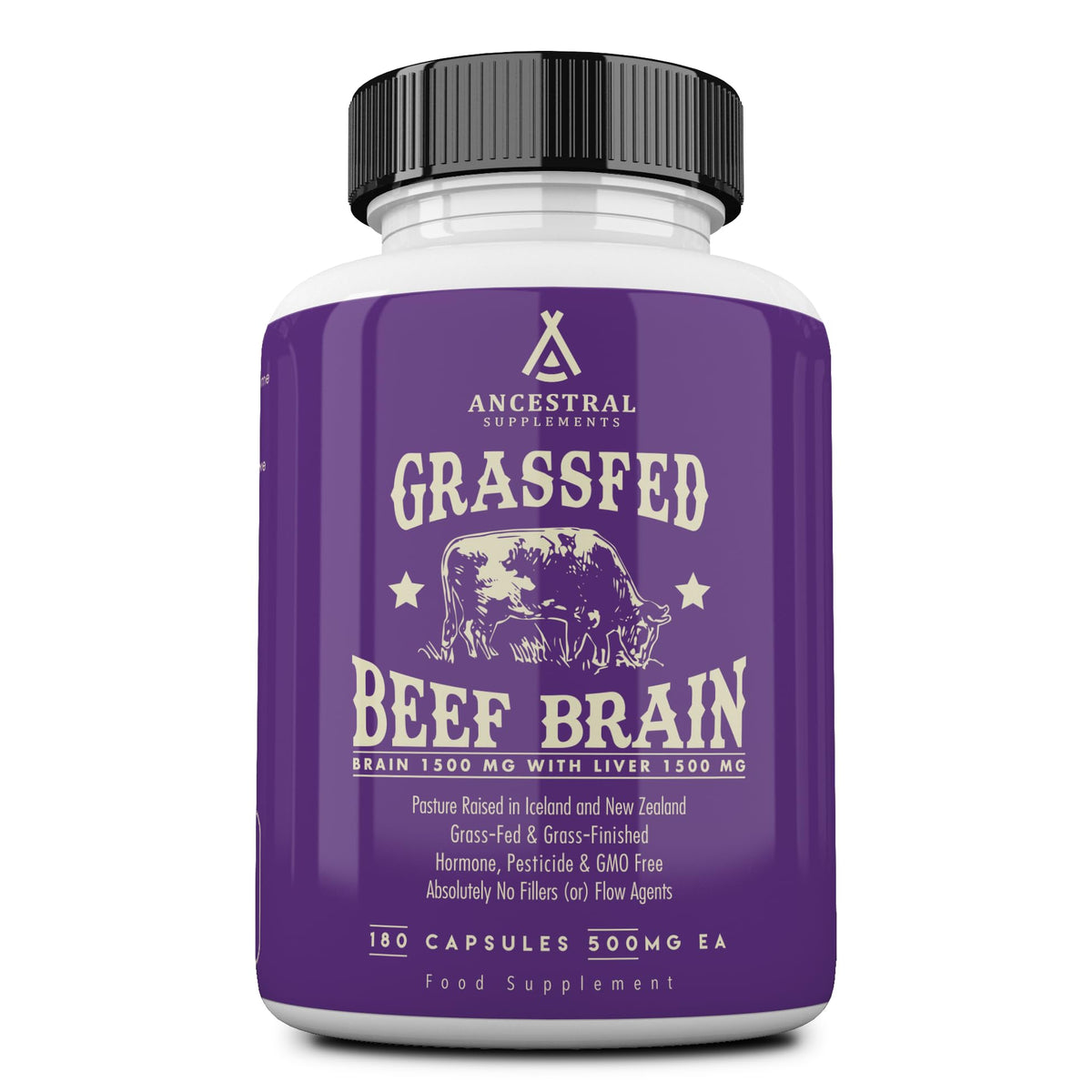 Ancestral Supplements grass-fed beef brain liver capsules bottle on shelf for daily brain support.
