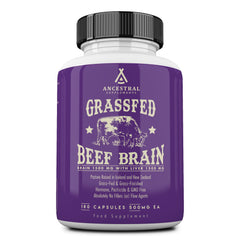 Ancestral Supplements grass-fed beef brain liver capsules bottle on shelf for daily brain support.
