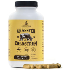 Ancestral Supplements beef colostrum bottle shown for immune support potential.